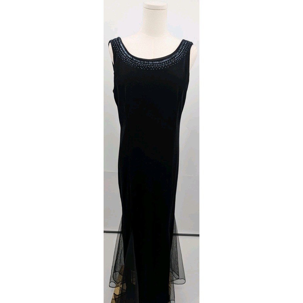 VTG 90s Sheri Martin Long Black Velvet Dress Sheer Panels Size 10 Witchy Vamp